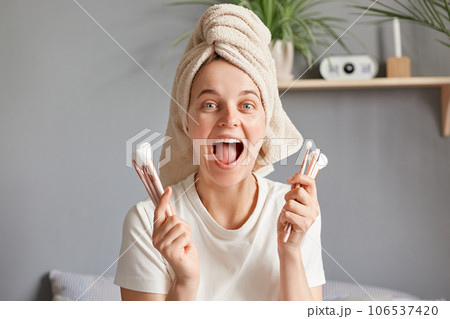 Portrait of happy cheerful buying new brushes for powder applying screaming rejoicing fast delivery long awaited beauty equipment. Portrait of happy cheerful buying new brushes for powder applying screaming rejoicing fast delivery long awaited beauty equipment. 106537420