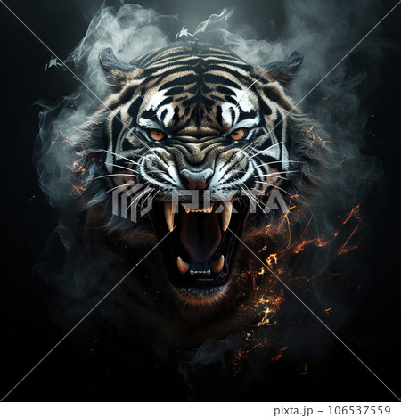 Image of an angry demon tiger terrifying with flames and smoke on dark background. Wildlife Animals. Illustration, Generative AI. 106537559