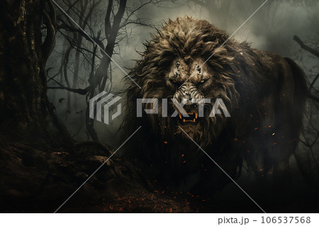 Image of a lion in the forest with a scary atmosphere, Wildlife Animals., Generative AI, Illustration. 106537568