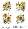 Watercolor set of sunflower bouquet on white background. For greeting carts, decor, scrapbooking, prints. Ai generative. 106537618