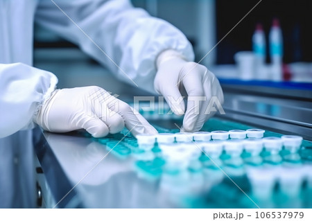 Medical vials production line: hand with sanitary gloves checking pharmaceutical bottles in a sterile factory Medical vials production line: hand with sanitary gloves checking pharmaceutical bottles in a sterile factory 106537979