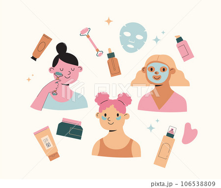 Skincare, routine illustrations with cute girls. Cream, lotion, mask, eye cream and sunscreen 106538809