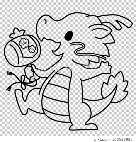 Line drawing illustration of a dragon holding a hammer 106538980