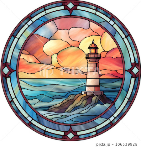 ステンドグラス風丸アイコン 灯台 Generative AIのイラスト素材