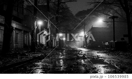 白黒のホラーテイストな住宅街 106539985