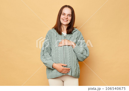 Delighted beautiful young pregnant woman wearing knitted sweater standing isolated over beige background holding hands on her belly looking at camera. Delighted beautiful young pregnant woman wearing knitted sweater standing isolated over beige background holding hands on her belly looking at camera. 106540675