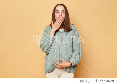Shocked surprised young pregnant woman wearing knitted sweater standing isolated over beige background covering mouth with palm sees something scared. Shocked surprised young pregnant woman wearing knitted sweater standing isolated over beige background covering mouth with palm sees something scared. 106540679