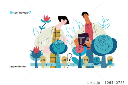Bio Technology, Seed Modification -modern flat vector concept illustration of scientists analysing genetic modificated variants of a plant. Metaphor of direct impact of GMO on vegetation Bio Technology, Seed Modification -modern flat vector concept illustration of scientists analysing genetic modificated variants of a plant. Metaphor of direct impact of GMO on vegetation 106540725