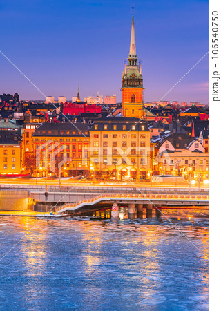 Stockholm, Sweden. Sunset over Gamla Stan and frozen Lake Malaren 106540750