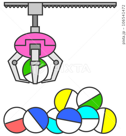 クレーンでカプセルに入った景品を持上げて獲得するゲームのイラスト 106541472