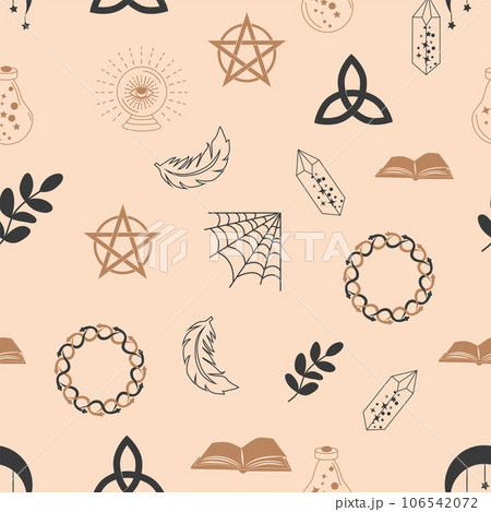 Magic and heaven seamless pattern, with magical elements such as snake, eye. Symbols and elements of the witchcraft theme. 106542072