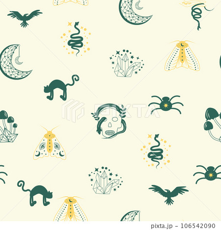 Magic and heaven seamless pattern, with magical elements such as snake, eye. Symbols and elements of the witchcraft theme. 106542090