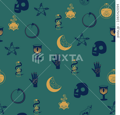Magic and heaven seamless pattern, with magical elements such as snake, eye. Symbols and elements of the witchcraft theme. 106542094