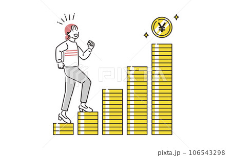 人物 貯まったお金の階段をのぼる女性 人物 貯まったお金の階段をのぼる女性 106543298