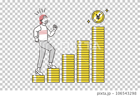 人物 貯まったお金の階段をのぼる女性 人物 貯まったお金の階段をのぼる女性 106543298