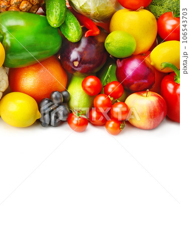 Set of fruits and vegetables isolated on white. Vertical photo. Free space for text. Set of fruits and vegetables isolated on white. Vertical photo. Free space for text. 106543703