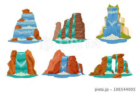 Waterfalls set. Cartoon river waterfall landscape with mountains and trees. Streaming water cascade flat vector illustration collection. Wild nature waterfalls Waterfalls set. Cartoon river waterfall landscape with mountains and trees. Streaming water cascade flat vector illustration collection. Wild nature waterfalls 106544005
