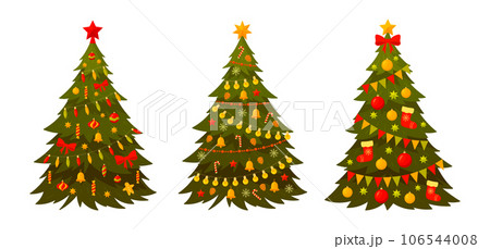 Xmas fur trees. Cartoon Christmas decorated green xmas trees, winter holiday symbols. Christmas fir trees flat vector illustration set 106544008