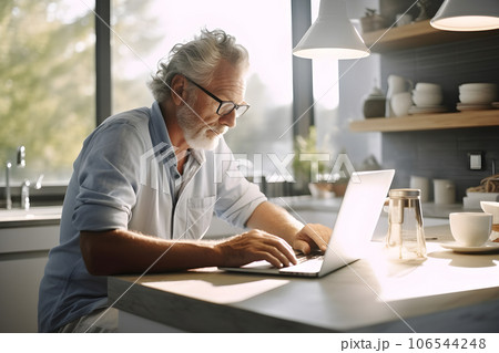 Businessman working on laptop at home. Old man using notebook. Generative Ai. 106544248