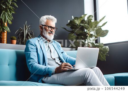 Businessman working on laptop at home. Old man using notebook. Generative Ai. Businessman working on laptop at home. Old man using notebook. Generative Ai. 106544249