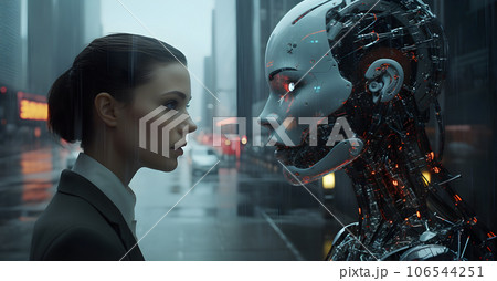 Ai android of Futuristic. Face to face of a human and a humanoid robot. Artificial Intelligence Concept. Generative Ai. Ai android of Futuristic. Face to face of a human and a humanoid robot. Artificial Intelligence Concept. Generative Ai. 106544251