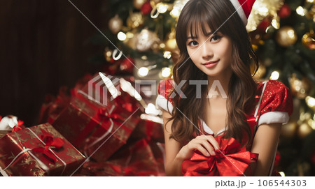サンタ姿の女性とクリスマスプレゼント 106544303