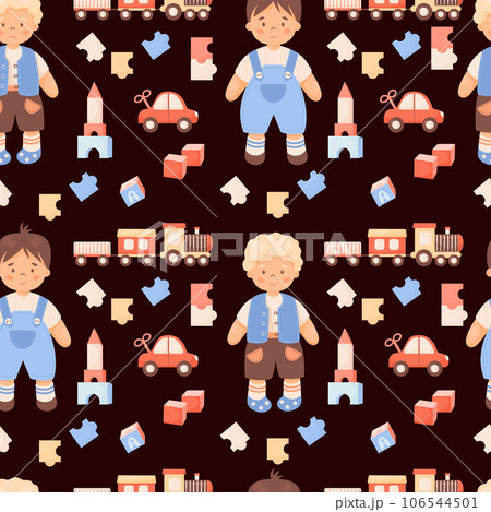 Cute kids seamless pattern. Children toys. Funny boys in shorts, train, clockwork car, puzzles and cubes on black background. Vector illustration in cartoon style. Cute kids seamless pattern. Children toys. Funny boys in shorts, train, clockwork car, puzzles and cubes on black background. Vector illustration in cartoon style. 106544501