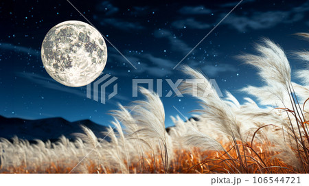 満月と月光に映えるススキ 満月と月光に映えるススキ 106544721