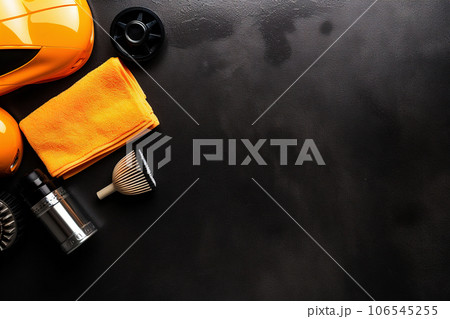Top view of cleaning supplies and tools for car detailing Top view of cleaning supplies and tools for car detailing 106545255