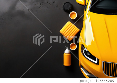 Top view of cleaning supplies and tools for car detailing 106545285