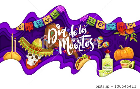 Dia De Los Muertos Mexican holiday paper cut banner or Day of the Dead vector background. Dia de Los Muertos fiesta banner with calavera skull in sombrero, tequila and papel picado flags in paper cut 106545413