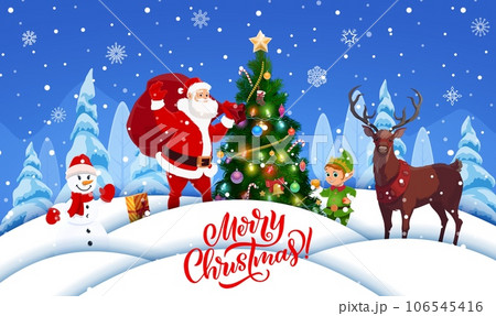 Christmas paper cut poster. Cartoon Santa, elf, snowman and deer on snow waves. Vector xmas greeting card with cheerful Father Noel character carrying gifts bag on 3d layered snowdrifts in night wood 106545416