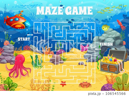 Labyrinth maze on sea bottom landscape, help to explorers find treasure chest, vector quiz game. Kids game worksheet to find way for bathyscaphe submarine in sea underwater or ocean labyrinth maze Labyrinth maze on sea bottom landscape, help to explorers find treasure chest, vector quiz game. Kids game worksheet to find way for bathyscaphe submarine in sea underwater or ocean labyrinth maze 106545566