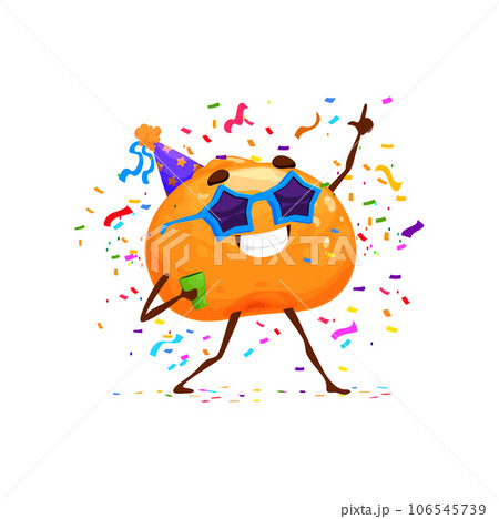 Cartoon cheerful orange fruit character on birthday party, anniversary holiday celebration. Dancing and having fun on holiday party cute fruit vector personage wearing birthday hat and sunglasses 106545739