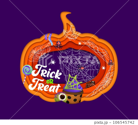 Halloween paper cut pumpkin with spiders and cobweb. Vector background with cartoon holiday sweets inside of jack lantern shape. 3d papercut frame with trick or treat desserts, pastry and lollipops 106545742