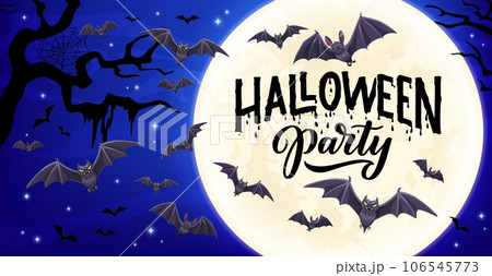 Halloween holiday banner with flying bats on moon background. Vector party card with midnight scene of creepy vampire animals flock and black silhouettes or eerie trees with hanging spiderweb and moss Halloween holiday banner with flying bats on moon background. Vector party card with midnight scene of creepy vampire animals flock and black silhouettes or eerie trees with hanging spiderweb and moss 106545773