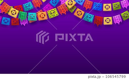Mexican Dia de Los Muertos holiday background with papel picado flags, vector poster. Dia de los Muertos or dead day fiesta and carnival celebration of Mexico culture and tradition with papel picado 106545799
