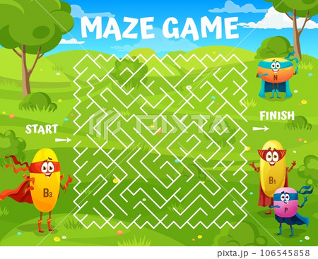 Labyrinth maze game, help to cartoon superhero vitamin character to find his friends. Vector puzzle quiz worksheet with cute personages of vitamins and food supplements wearing hero capes and masks 106545858