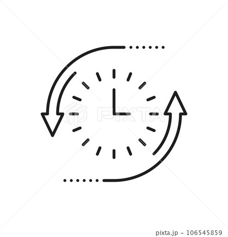 Timepiece with dial face and arrows, clock timer outline icon. Vector alarm stopwatch, watch face with thin line dial and rotating hands, time sign 106545859