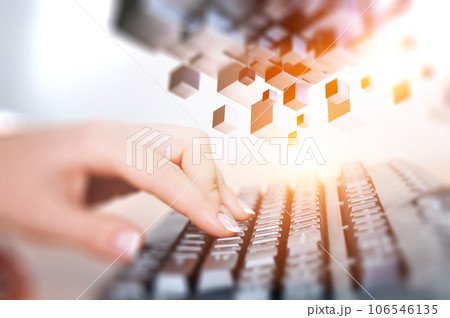 Hands of a young woman on keyboard Hands of a young woman on keyboard 106546135