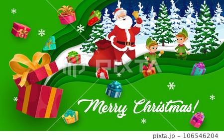 Christmas paper cut banner with gifts, cartoon Santa with bell and elves. Christmas holiday, Xmas winter holiday celebration paper cut greeting card, vector background with cheerful elf helping Santa 106546204