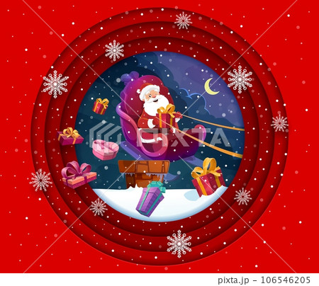 Christmas paper cut banner with present and cartoon santa on roof chimney. Vector greeting card with 3d effect double exposition round frame, Noel in sleigh at snowy cottage roof at holiday eve night Christmas paper cut banner with present and cartoon santa on roof chimney. Vector greeting card with 3d effect double exposition round frame, Noel in sleigh at snowy cottage roof at holiday eve night 106546205