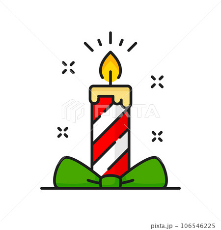 Christmas candle with green bow line icon, winter holidays design element. Burning candle New Year romantic decoration Christmas candle with green bow line icon, winter holidays design element. Burning candle New Year romantic decoration 106546225