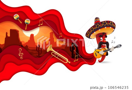 Paper cut banner with Mexican mariachi pepper and desert landscape, vector background, vector background. Mexican holiday and fiesta party banner with chili pepper in sombrero with guitar and maracas 106546235