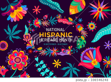 National Hispanic heritage month flyer with tropical flowers and plants, vector background. Mexican culture and traditions day in Mexico or Latin America, poster with national traditional art ornament 106546248