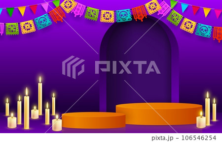Mexican Dia de Los Muertos or dead day podium with papel picado flags and candles, vector altar background. Mexico holiday celebration, culture and tradition of dead day podium for photo pictures 106546254