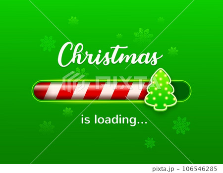 Christmas loading bar with candy cane and holiday pine tree slider. Vector Xmas or New Year load countdown on green background with snowflakes. Winter holidays coming soon greeting card or web design Christmas loading bar with candy cane and holiday pine tree slider. Vector Xmas or New Year load countdown on green background with snowflakes. Winter holidays coming soon greeting card or web design 106546285