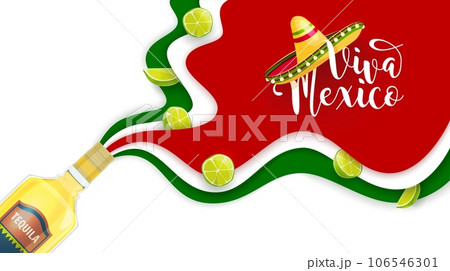Viva Mexico paper cut banner with Mexican sombrero, tequila and limes on Mexico flag, vector background. Mexican holiday or national day celebration and fiesta party poster in papercut layers 106546301