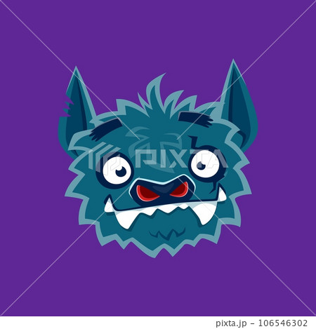 Cartoon halloween bat emoji character. Isolated vector spooky and funny animal personage with pointy fangs, goggle eyes, and mischievous expression. Playful and eerie emoticon for messages and chats 106546302