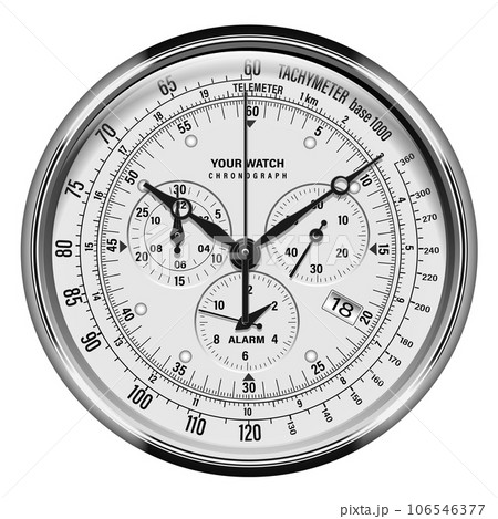 Realistic watch clock chronograph silver face dashboard black on white design classic luxury vector 106546377